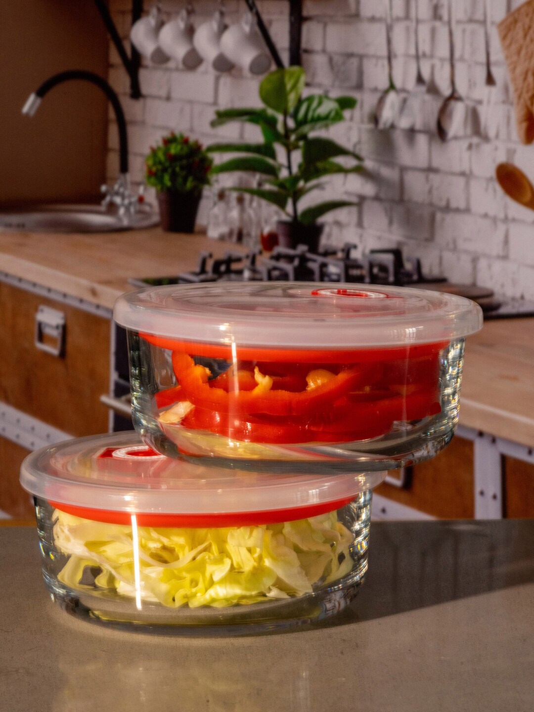 GOODHOMES Set Of 2 Transparent & Red Solid Food Containers Price in India