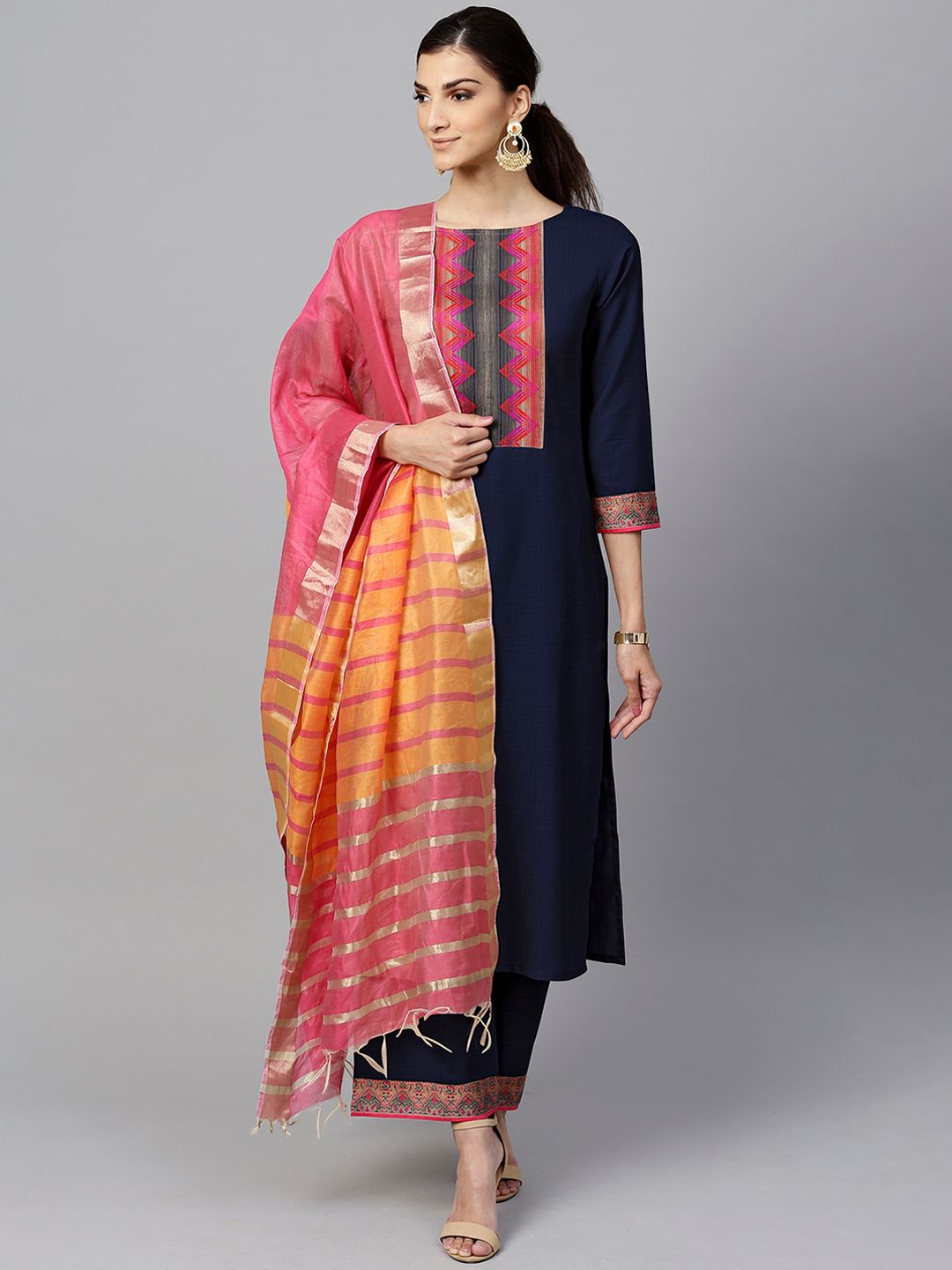 Indo Era Women Navy Blue Yoke Design Pure Cotton Kurta with Palazzos & Dupatta Price in India