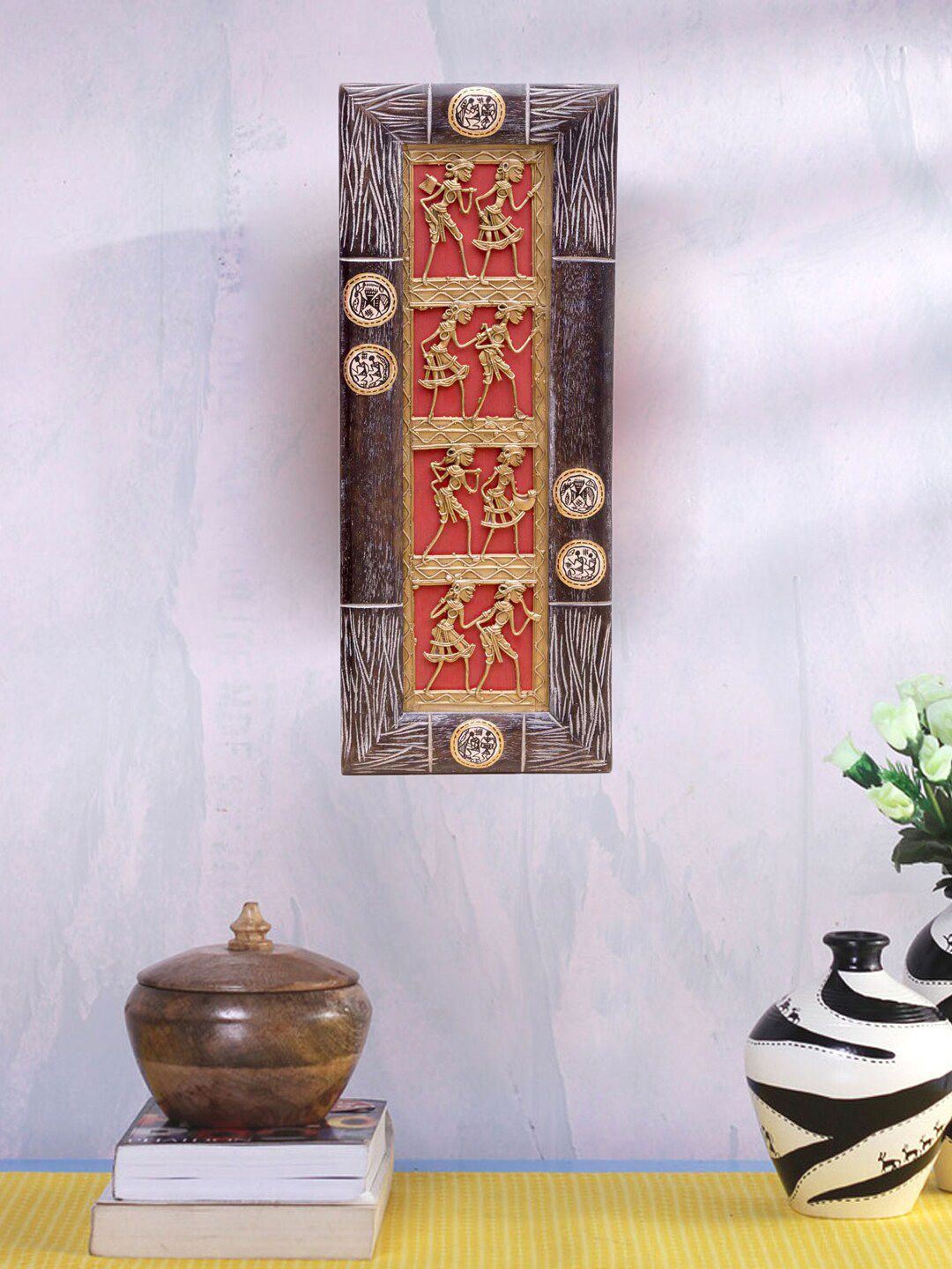 VarEesha Red & Gold-Toned Wooden & Brass Dhokra Wall Decor Price in India