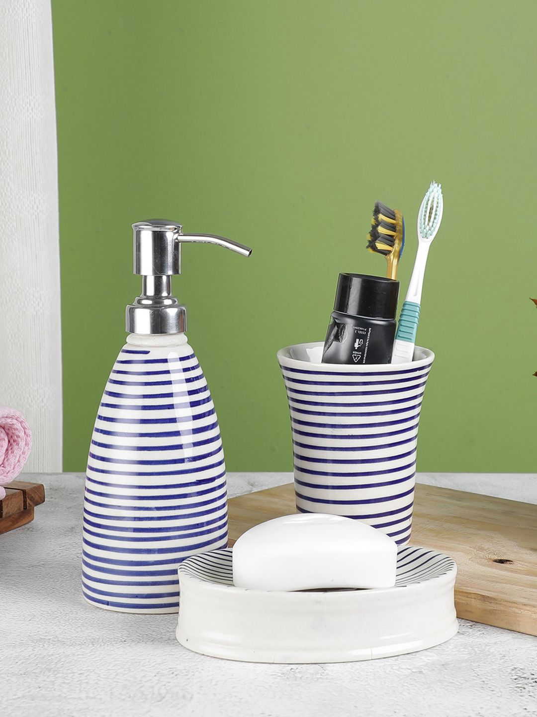 VarEesha Set Of 3 Blue Striped Ceramic Bath Accessories
