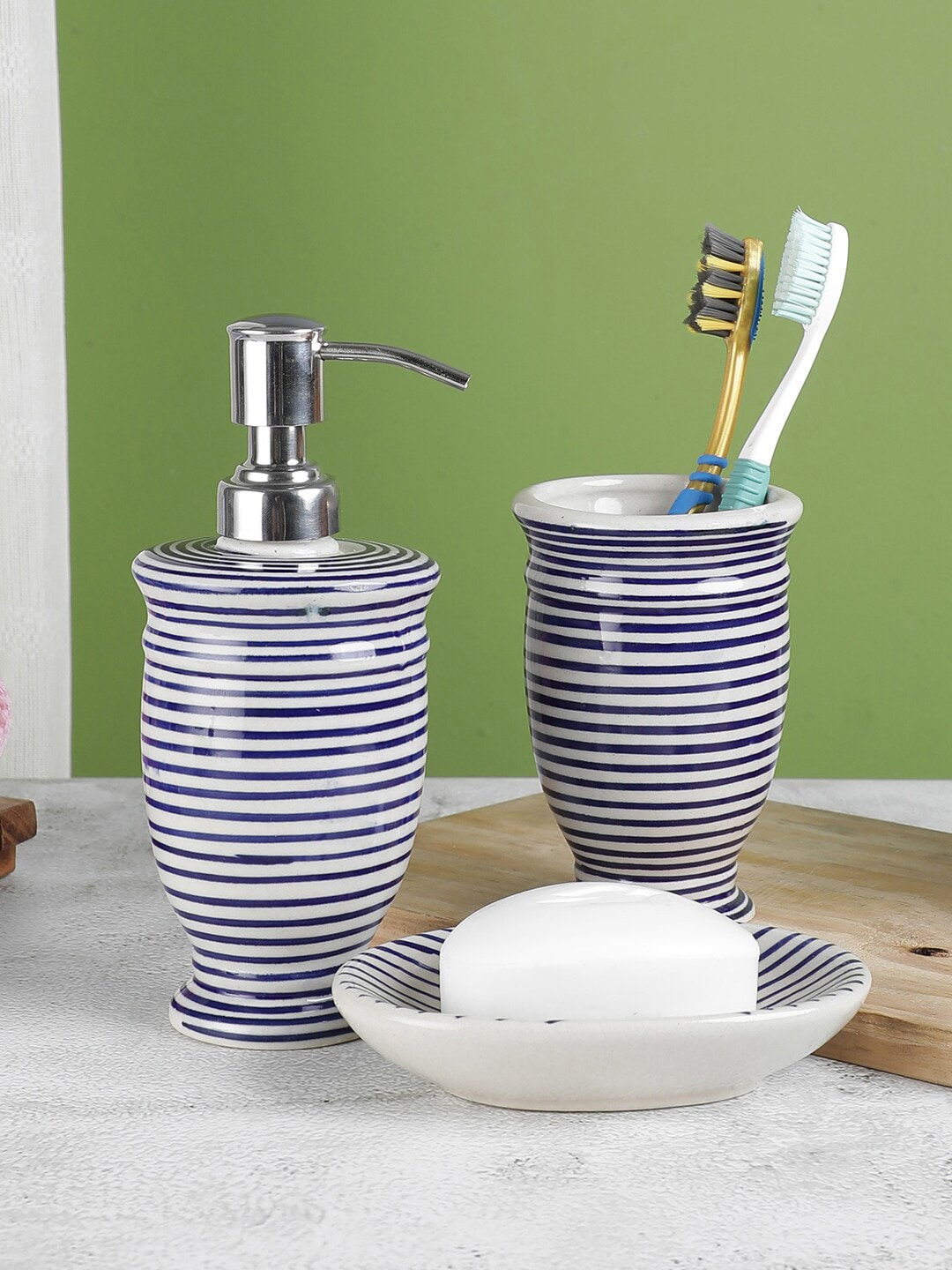 VarEesha Set Of 3 Blue & White Striped Ceramic Bath Accessories Price in India
