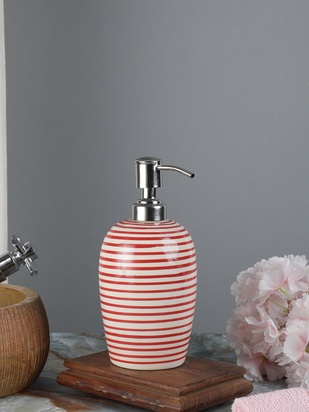 VarEesha Red & White Striped Ceramic Soap Dispenser Price in India