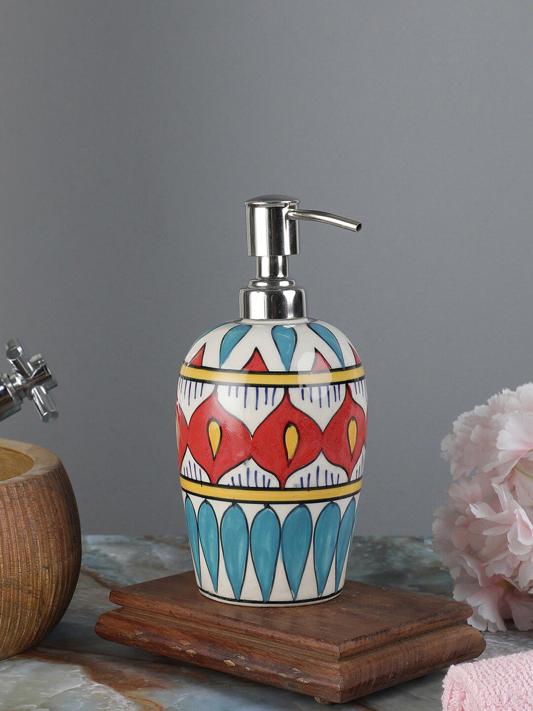 VarEesha White & Blue Ethnic Motifs Printed Ceramic Soap Dispenser Price in India