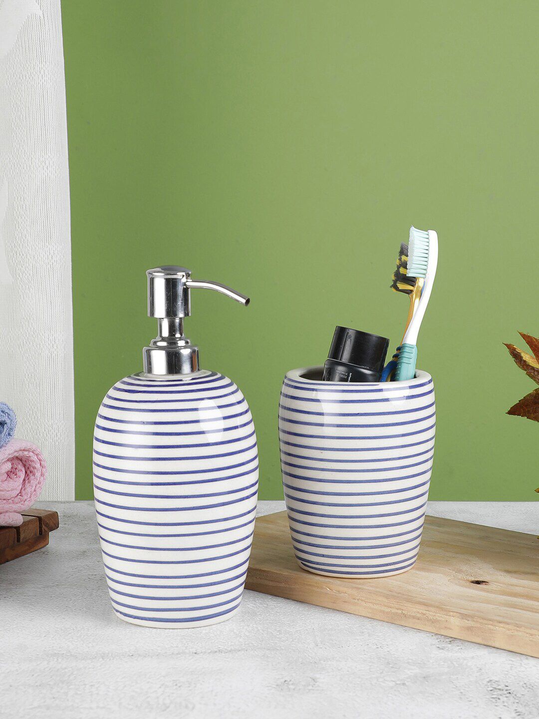 VarEesha Set Of 2 Blue & White Striped Ceramic Bathroom Accessories Price in India