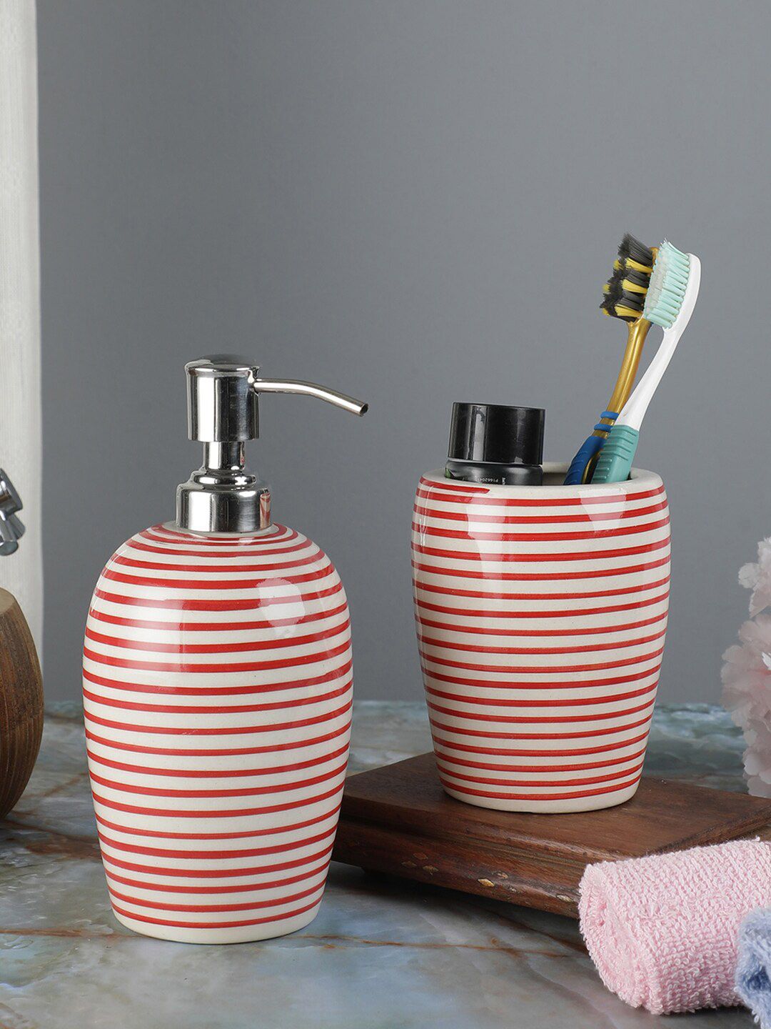 VarEesha Set Of 2 Red & White Striped Ceramic Bathroom Accessories Price in India