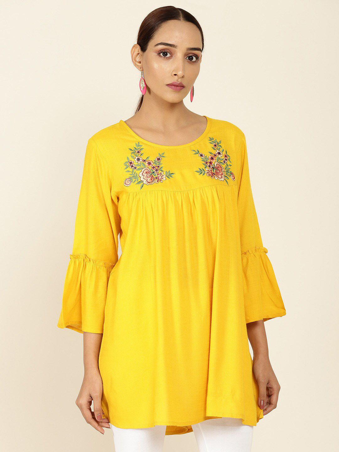 Soch Mustard & Green Viscose Rayon Embroidered Tunic Price in India