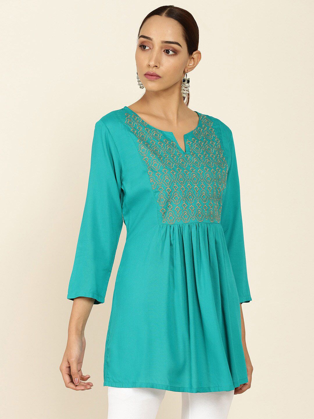 Soch Teal Blue & Tan Viscose Rayon Embroidered Tunic Price in India