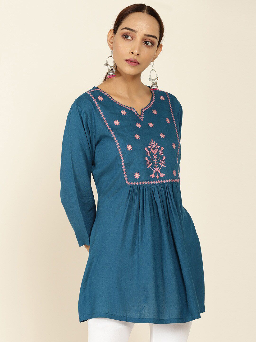 Soch Turquoise Blue & Pink Viscose Rayon Embroidered Tunic Price in India