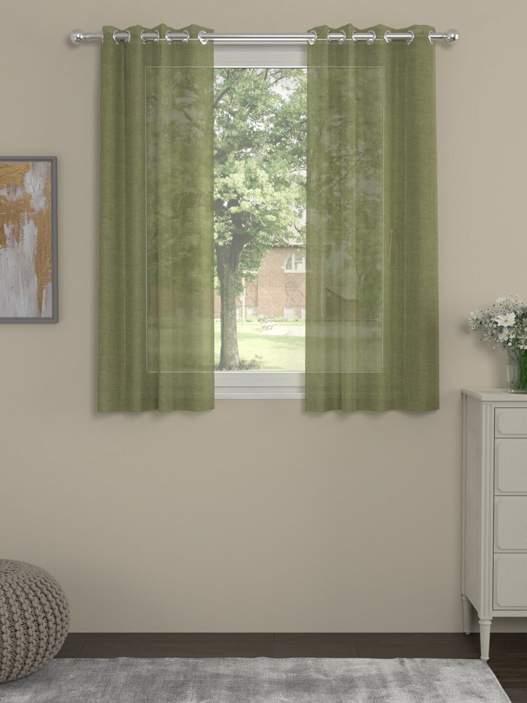 ROSARA HOME Olive Green Set of 2 Sheer Window Curtains Price in India