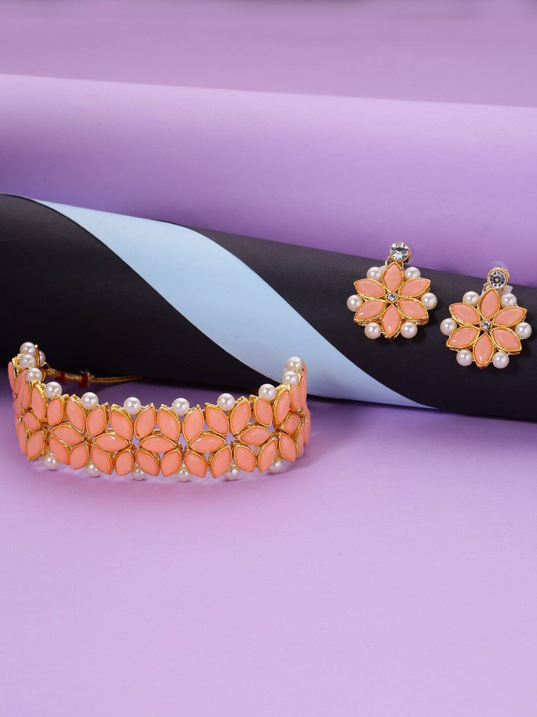 LIVE EVIL Peach-Coloured & Off White Gold-Plated Choker Necklace Price in India