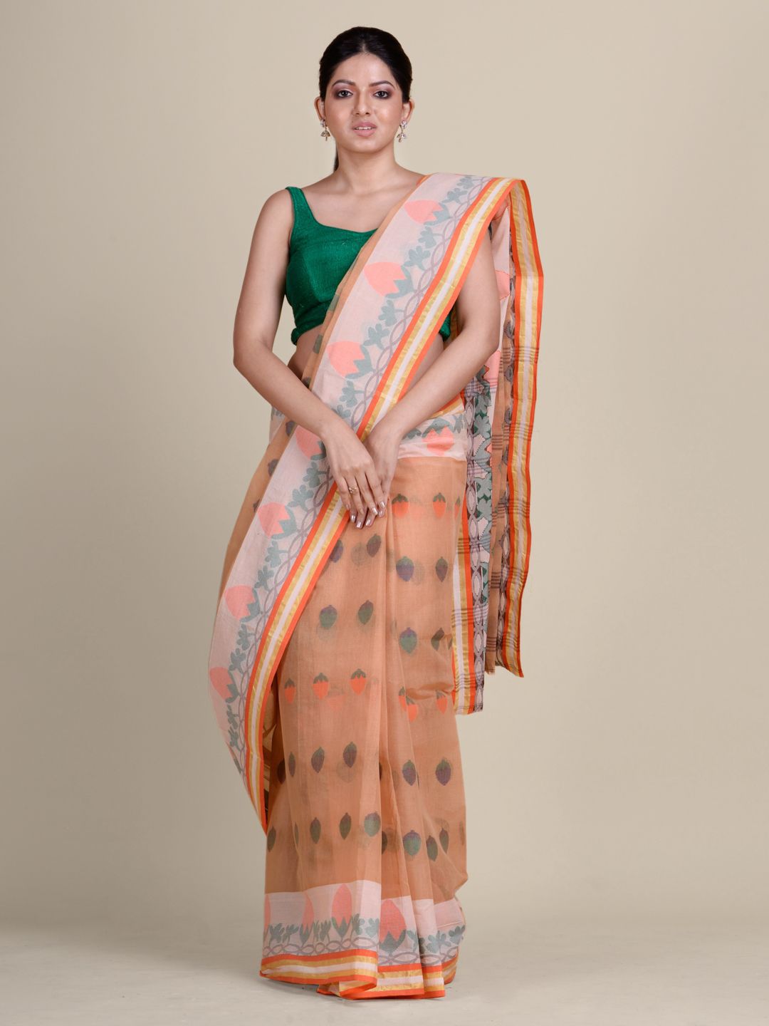 Charukriti Beige & Peach-Coloured Woven Design Pure Cotton Taant Saree