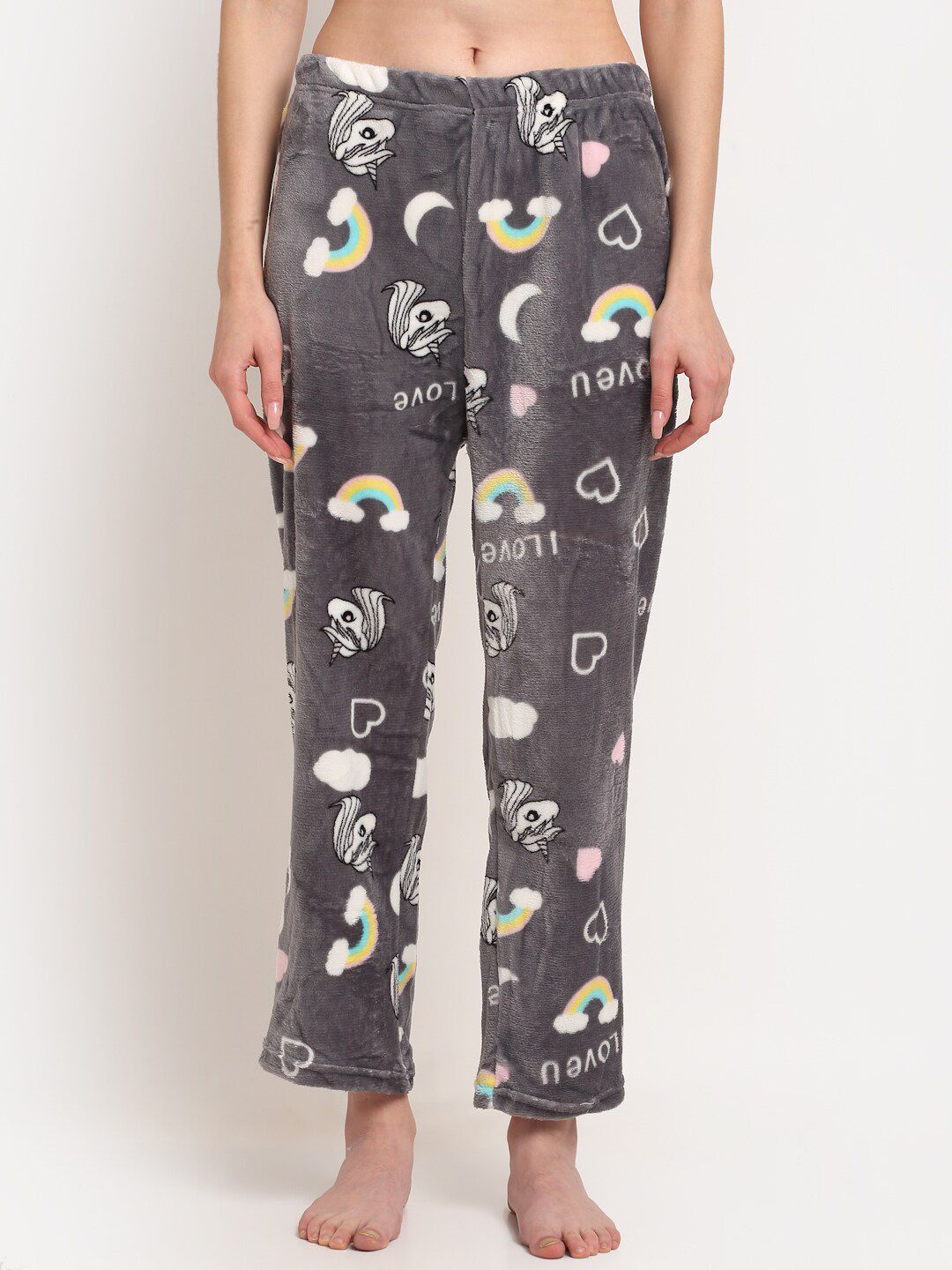 TAG 7 Women Grey & Pink Printed Fleece Lounge Pants Price in India