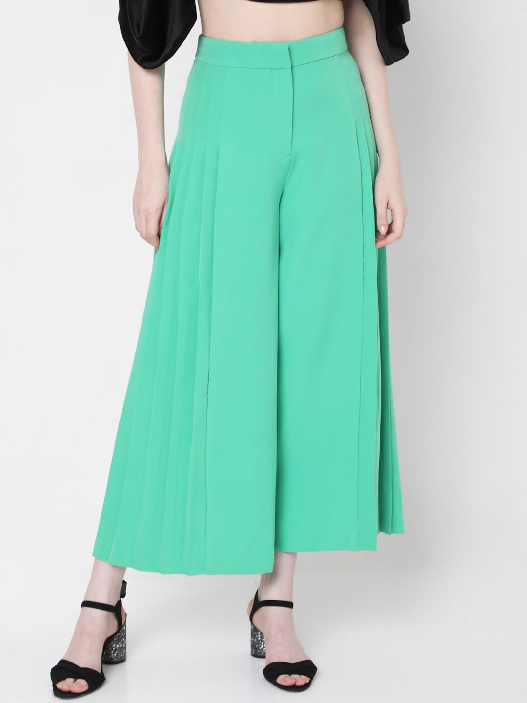 Vero Moda Women Green Flared High-Rise Pleated Trousers Price in India