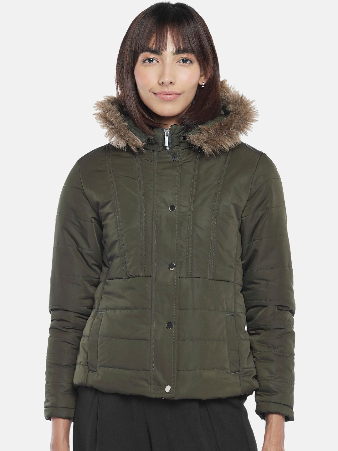 Honey by Pantaloons Women Olive Green Padded Jacket Price in India