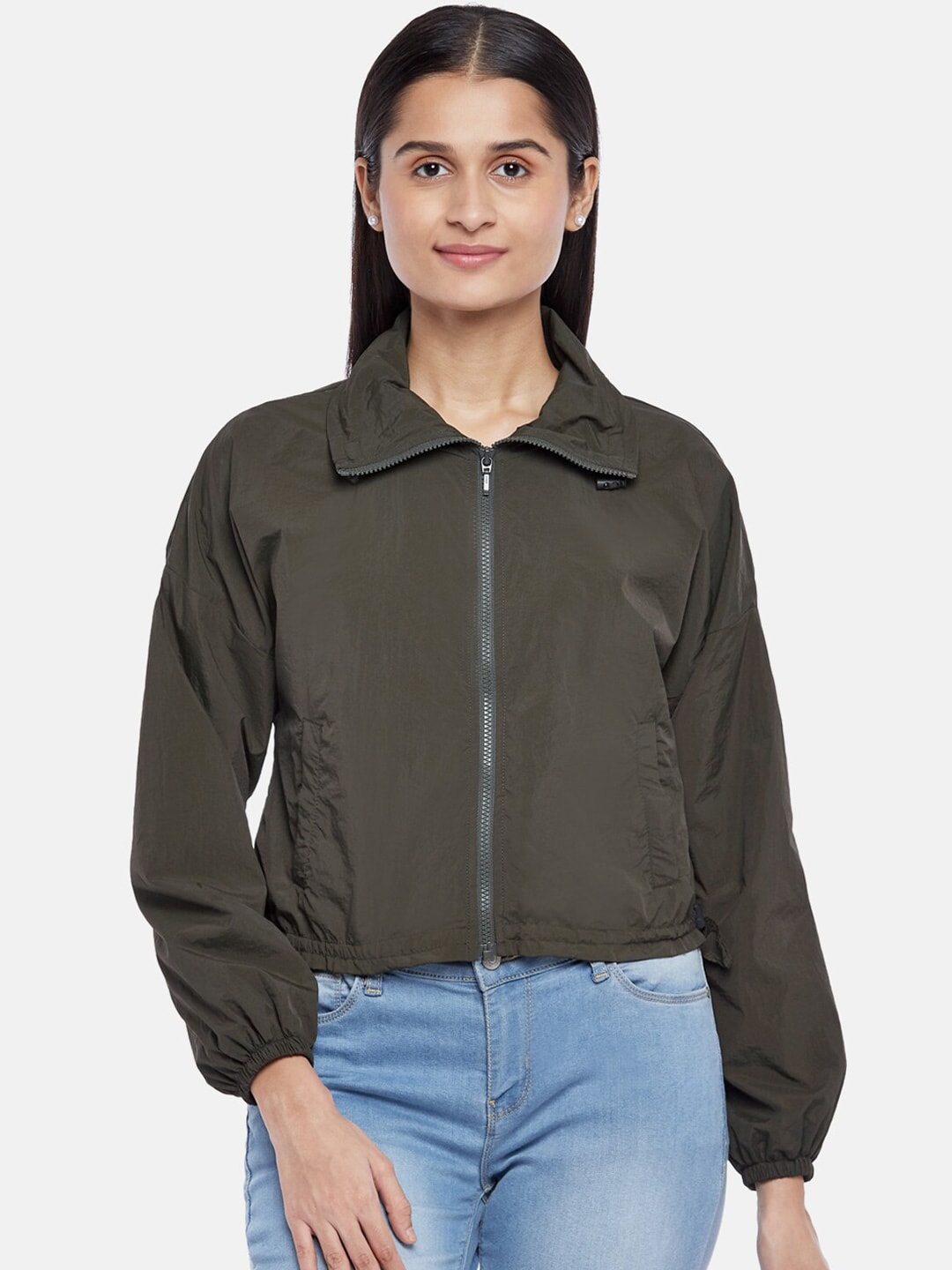 People Women Olive Green Crop Open Front Jacket Price in India