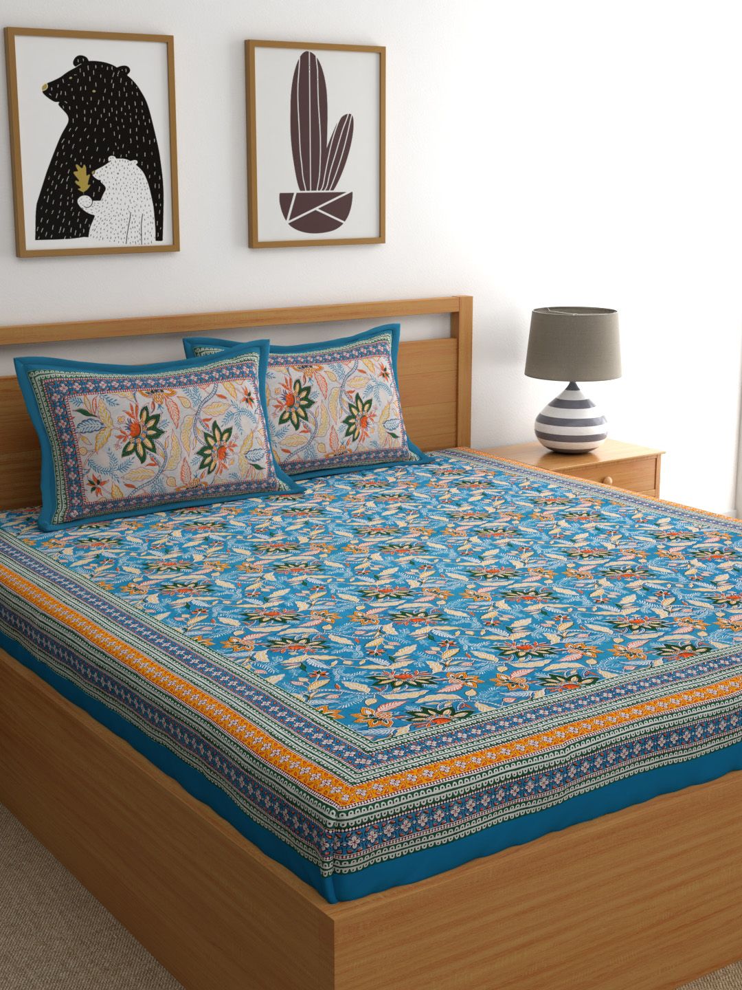 INDISTORI Blue & Rust Ethnic Motifs 300 TC King Bedsheet with 2 Pillow Covers Price in India