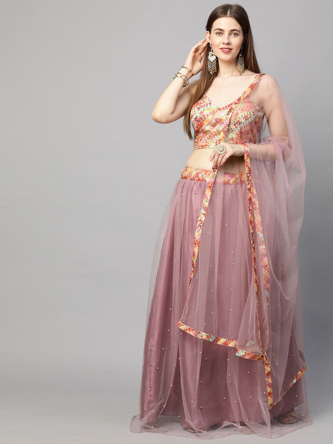RedRound Pink & Yellow Embroidered Semi-Stitched Lehenga & Unstitched Blouse With Dupatta Price in India