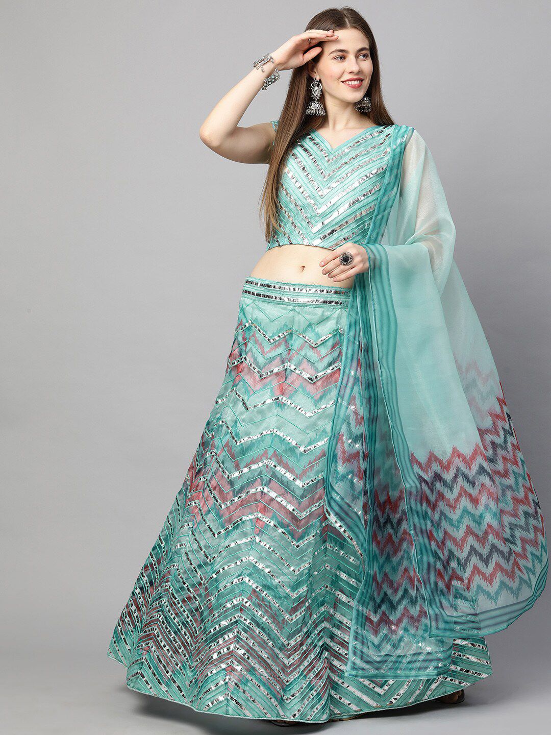 RedRound Turquoise Blue & Pink Embroidered Semi-Stitched Lehenga & Unstitched Blouse With Dupatta Price in India