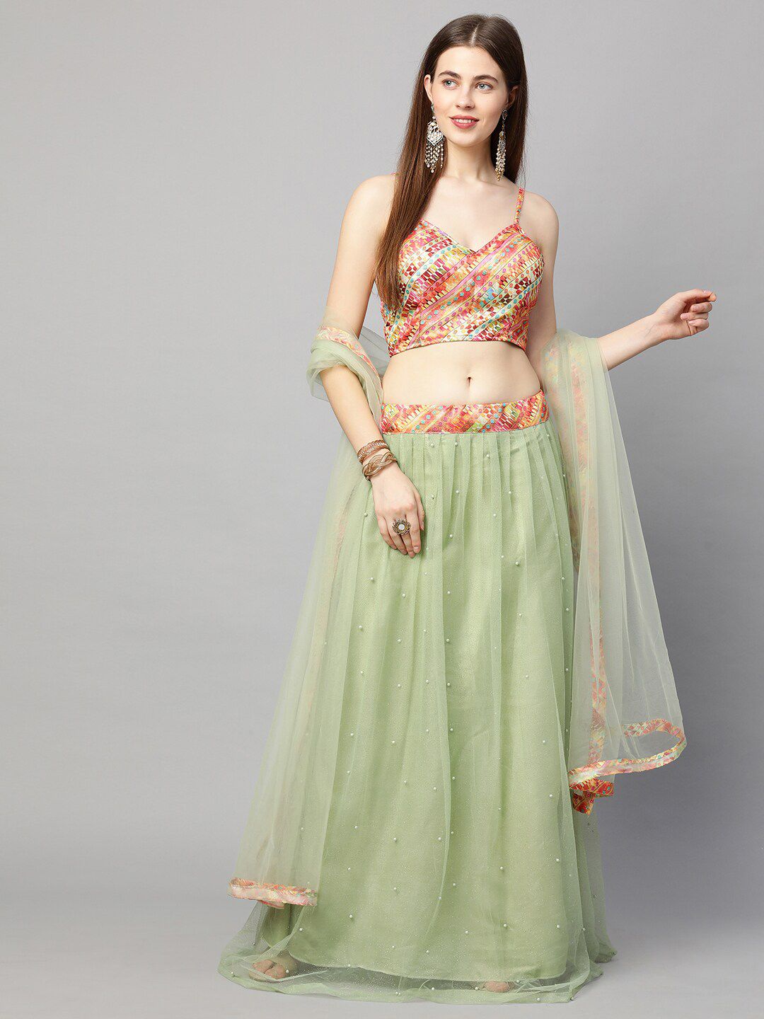 RedRound Green & Red Embroidered Semi-Stitched Lehenga & Unstitched Blouse With Dupatta Price in India