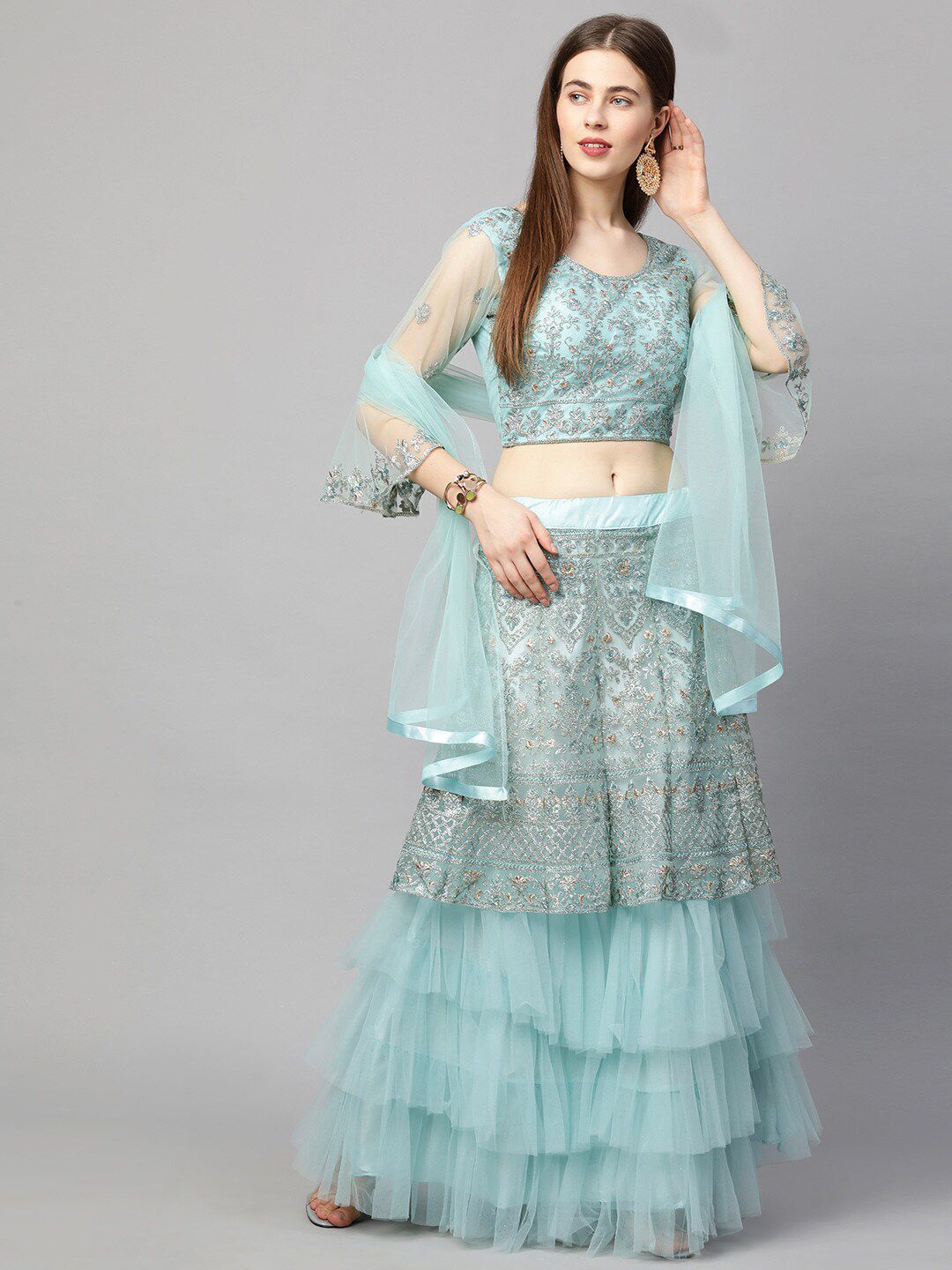 RedRound Blue & Silver-Toned Embroidered Semi-Stitched Lehenga & Unstitched Blouse With Dupatta Price in India