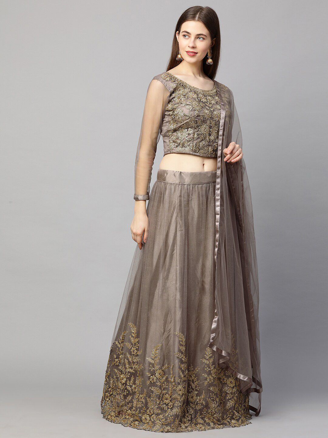 RedRound Brown & Gold-Toned Semi-Stitched Lehenga & Unstitched Blouse With Dupatta Price in India