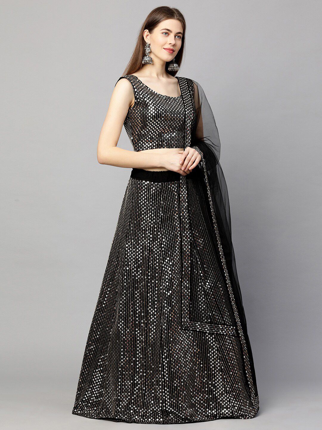 RedRound Black Embroidered Sequinned Semi-Stitched Lehenga & Unstitched Blouse With Dupatta Price in India