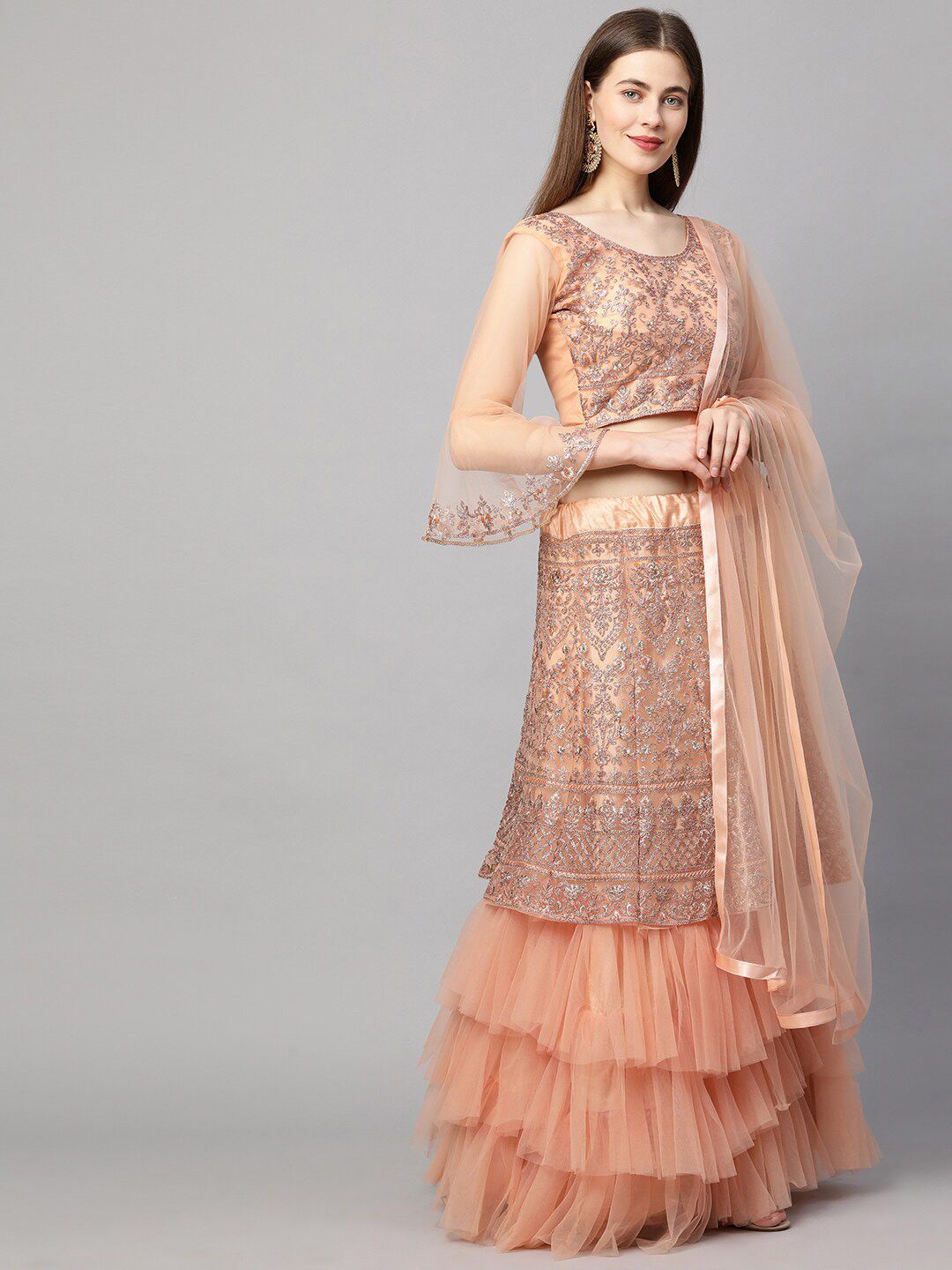 RedRound Peach-Coloured Embroidered Semi-Stitched Lehenga & Unstitched Blouse With Dupatta Price in India