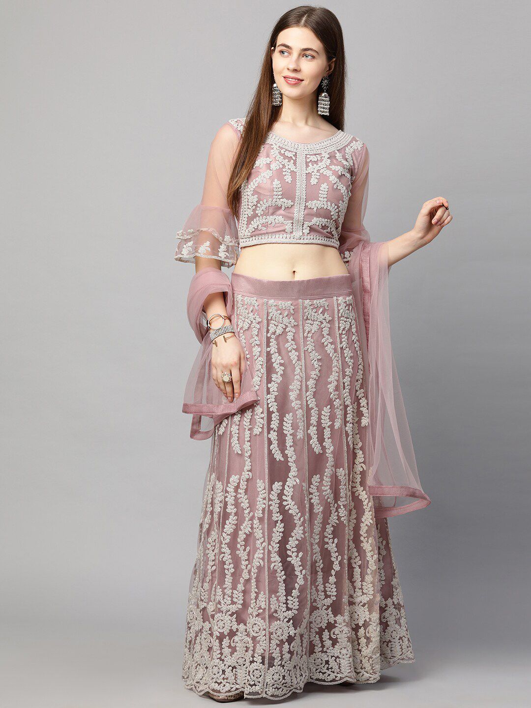 RedRound Pink & Silver-Toned Embroidered Thread Work Semi-Stitched Lehenga Choli Price in India