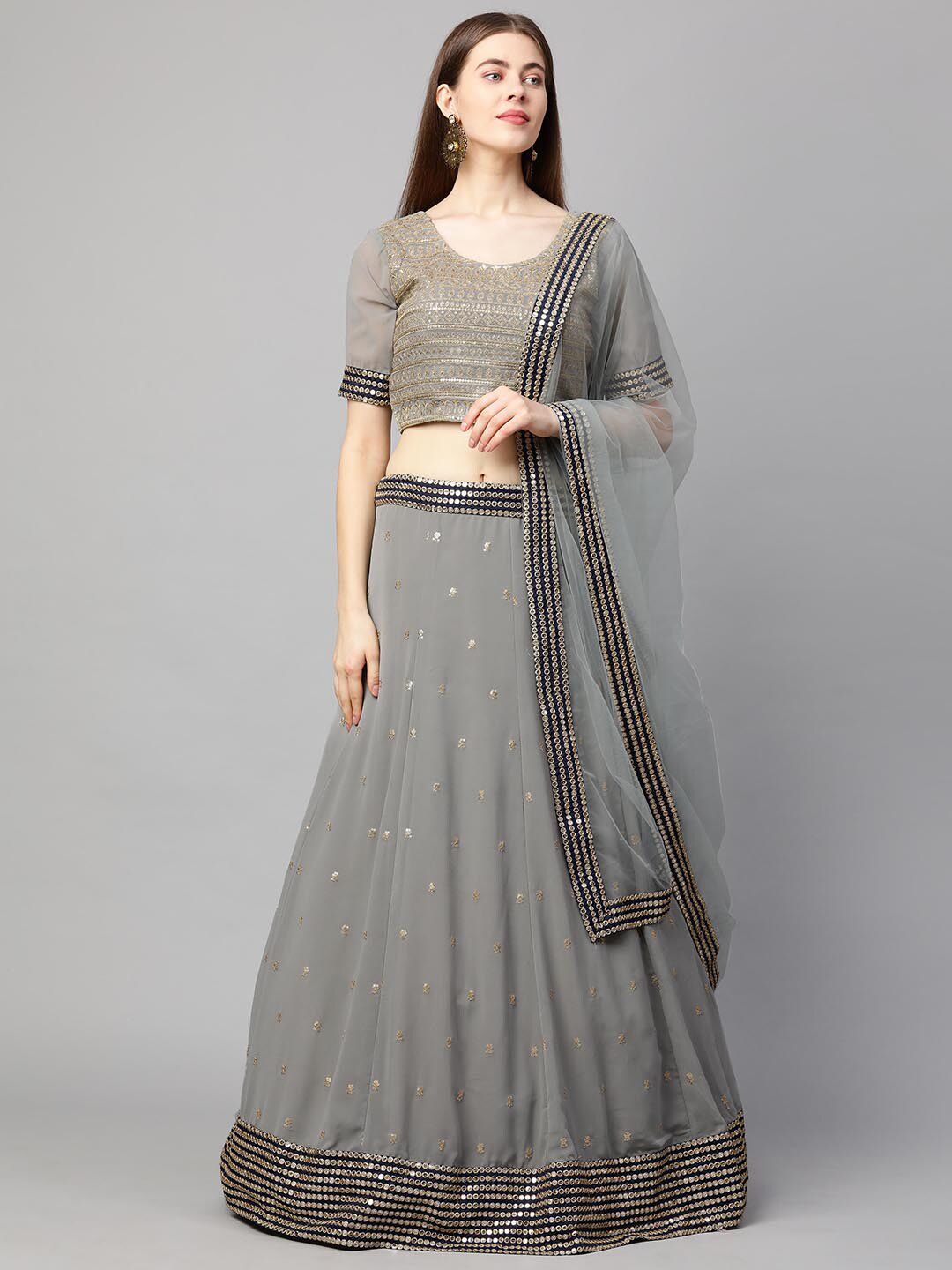 RedRound Grey Embroidered Sequinned Semi-Stitched Lehenga & Unstitched Blouse With Dupatta Price in India