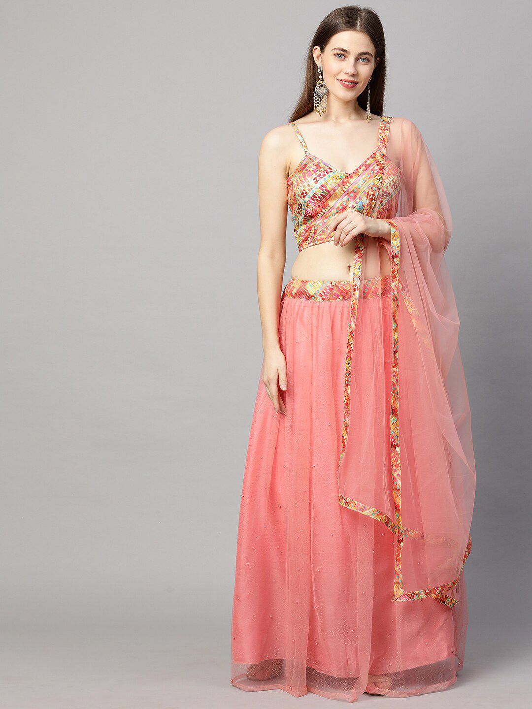 RedRound Pink & Gold-Toned Embroidered Semi-Stitched Lehenga & Unstitched Blouse With Dupatta Price in India