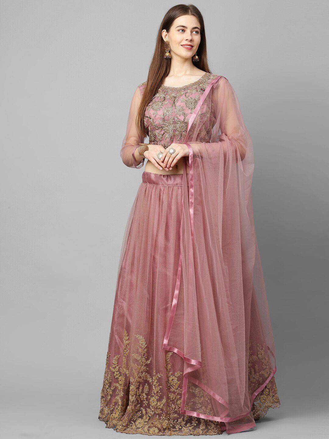 RedRound Pink & Brown Embroidered Beads and Stones Semi-Stitched Lehenga & Unstitched Blouse With Dupatta Price in India