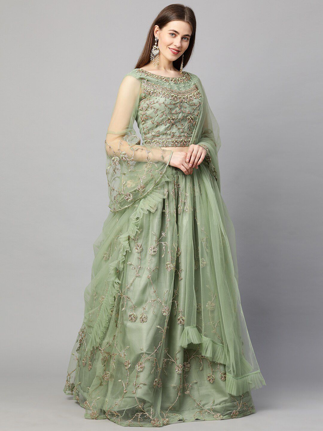 RedRound Green Embroidered Semi-Stitched Lehenga & Unstitched Blouse With Dupatta Price in India