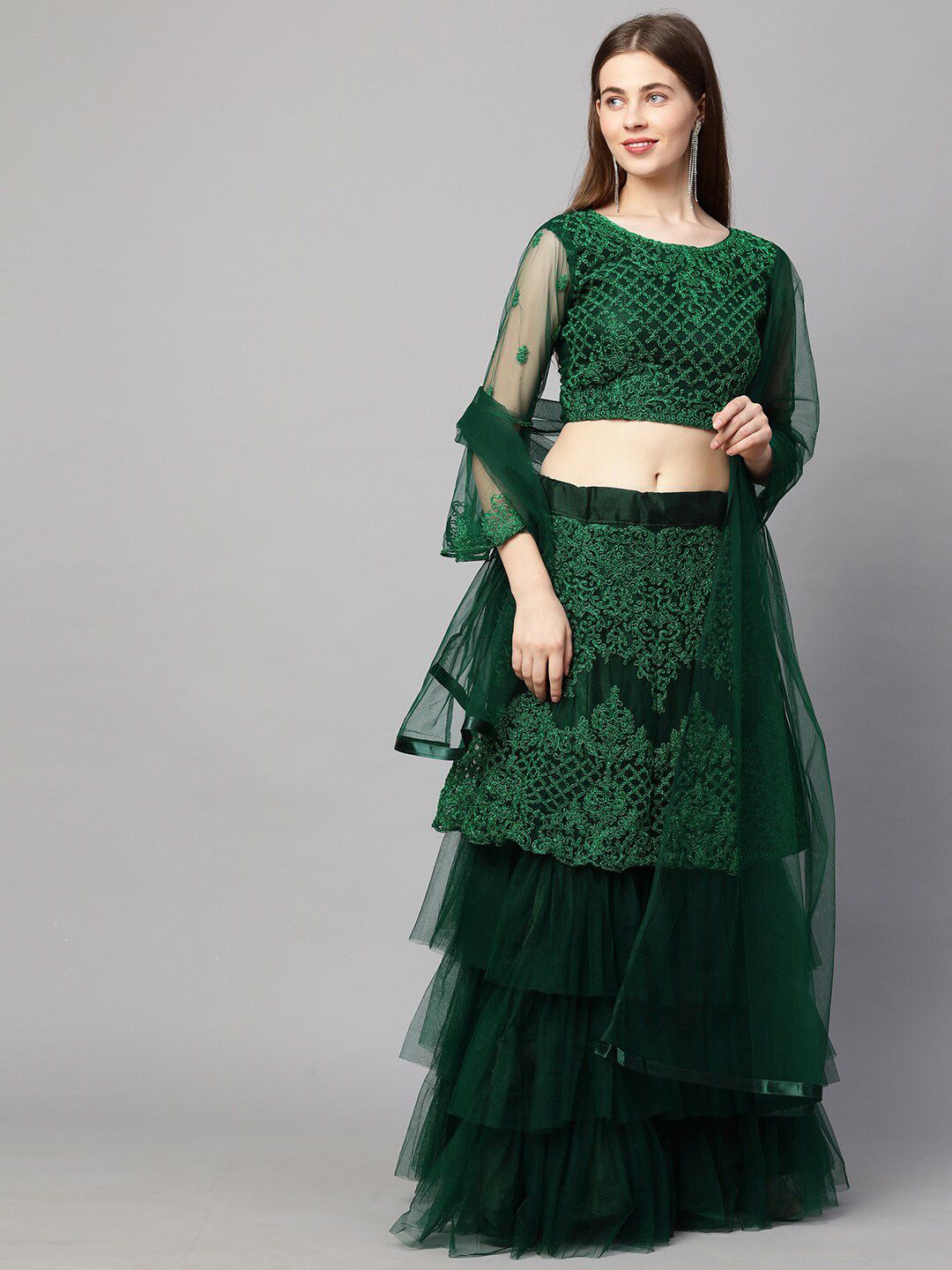 RedRound Green Embroidered Semi-Stitched Lehenga & Unstitched Blouse With Net Dupatta Price in India