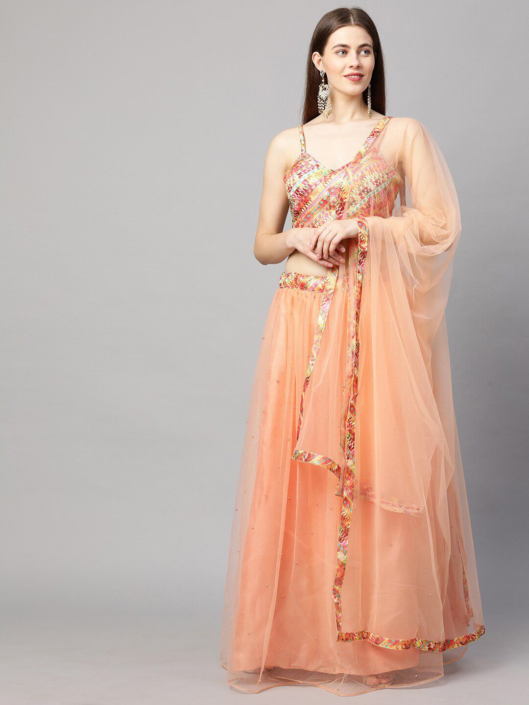 RedRound Peach-Coloured & Orange Embroidered Semi-Stitched Lehenga & Unstitched Blouse With Dupatta Price in India