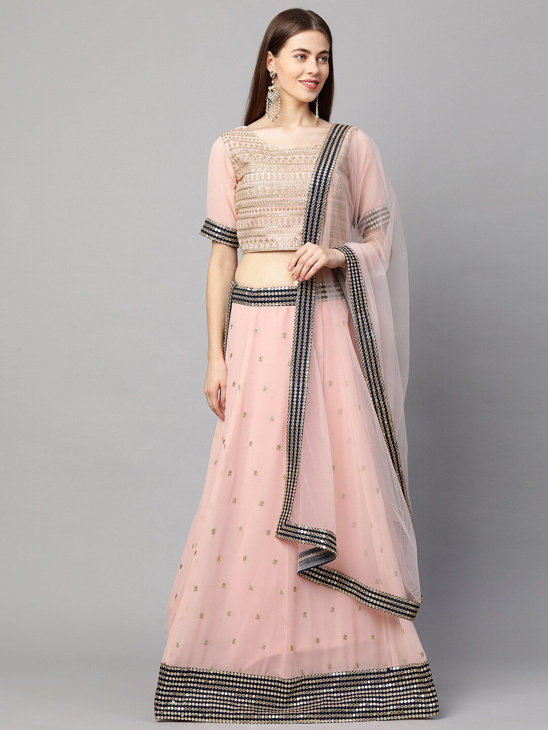 RedRound Pink & Navy Blue Embroidered Sequinned Semi-Stitched Lehenga & Unstitched Blouse With Dupatta Price in India