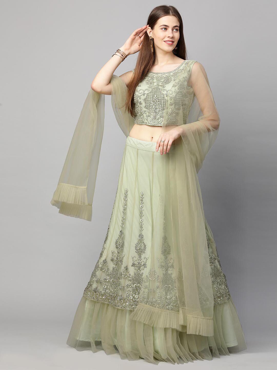 RedRound Green & Silver-Toned Embroidered Semi-Stitched Lehenga & Unstitched Blouse With Dupatta Price in India