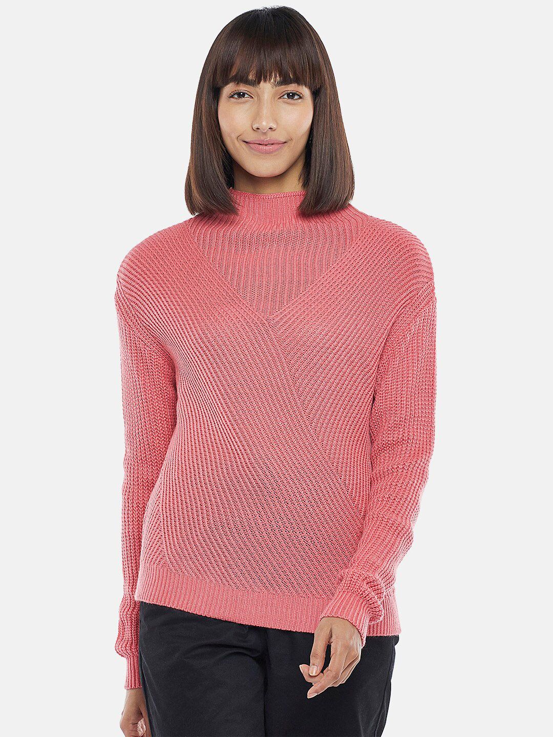 Honey by Pantaloons Women Pink Ribbed Pure Acrylic Pullover Price in India