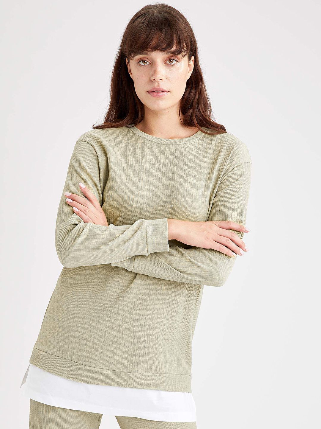 DeFacto Women Olive Green Solid Sweatshirt Price in India