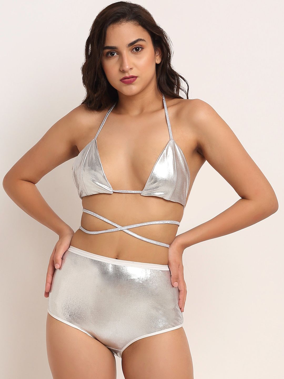 EROTISSCH Women Silver-Toned Solid Swim Bikini Set Price in India