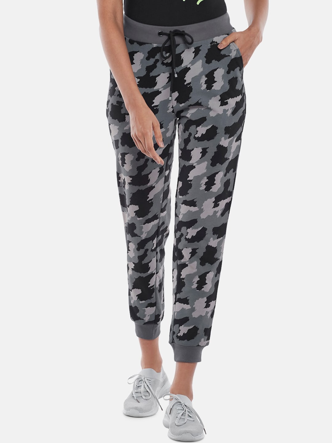 Ajile by Pantaloons Women Grey & Black Camouflage Printed Pure Cotton Joggers Price in India