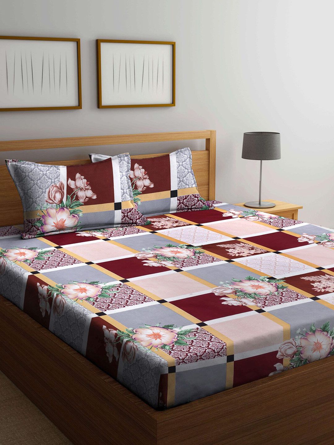 KLOTTHE Maroon & Grey  Floral 210 TC 1 King Size Bedsheet with 2 Pillow Covers Price in India