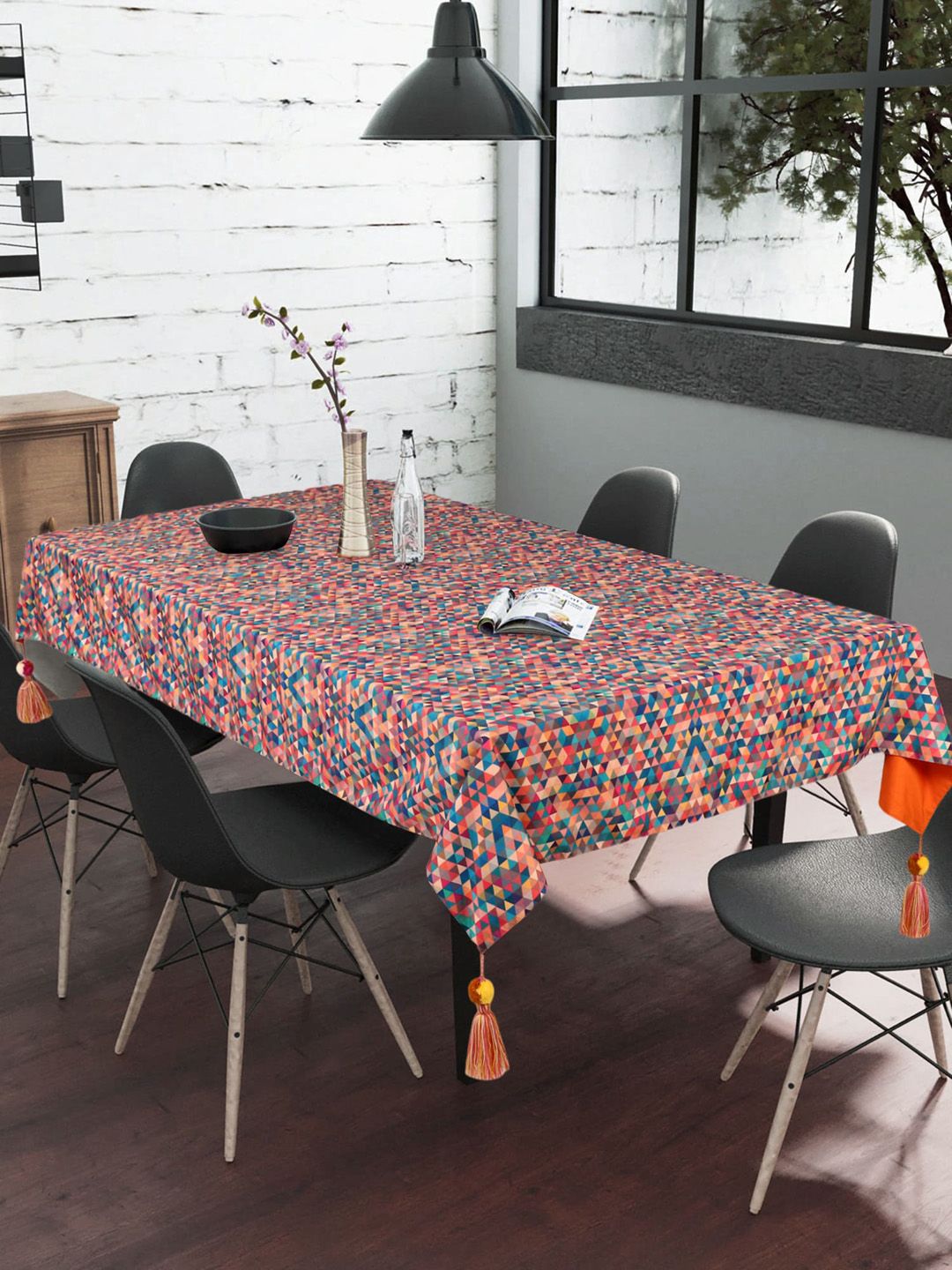 Mezposh Orange & Blue Geometric Printed Cotton Rectangle 6 Seater Table Cover Price in India