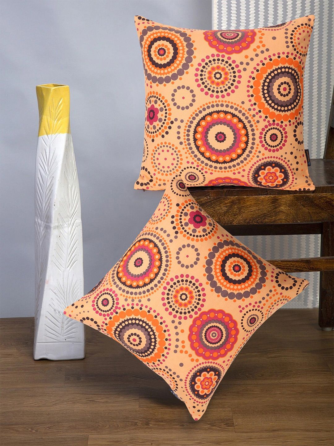 Mezposh Orange & Fuchsia Set of 2 Ethnic Motifs Square Cushion Covers Price in India