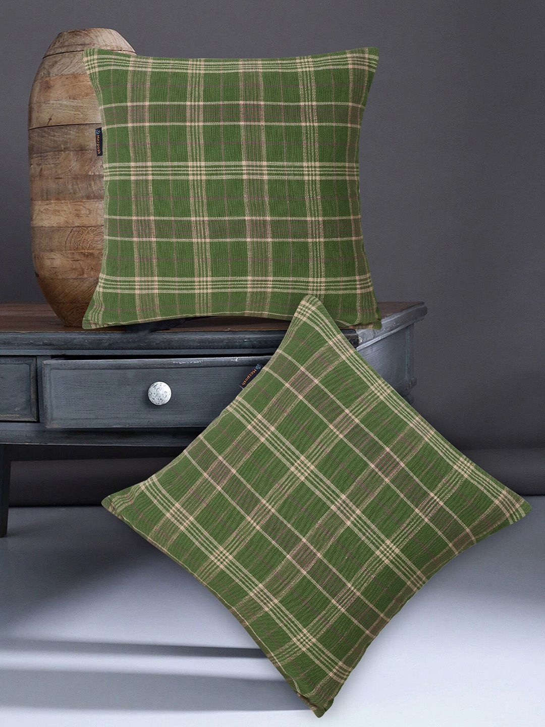 Mezposh Green & Taupe Set of 2 Checked Square Cushion Covers Price in India