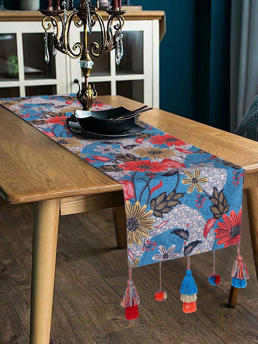 Mezposh Blue & Red Floral Digital Printed 6 Seater Table Runner Price in India