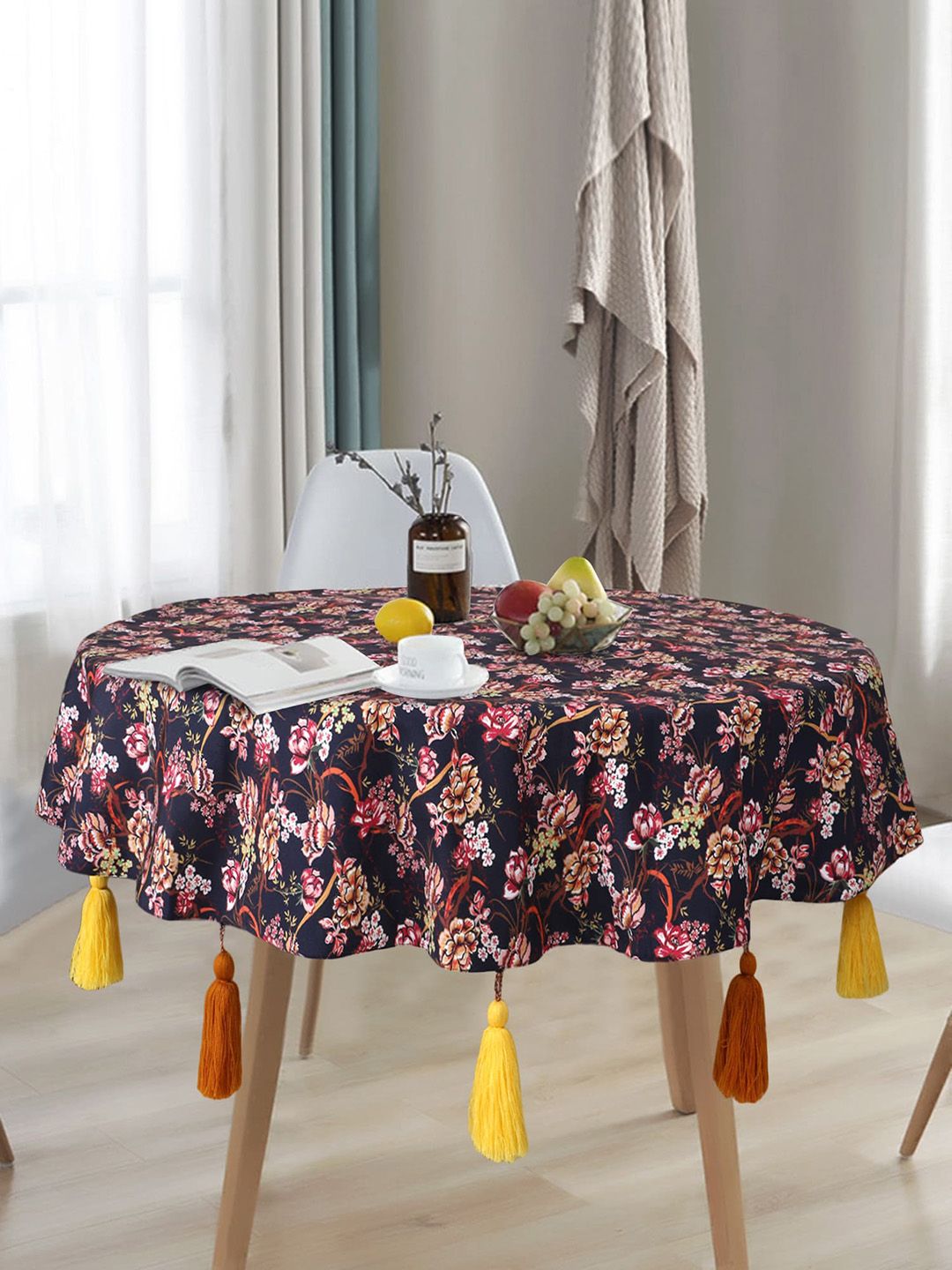 Mezposh Navy Blue & Pink Floral Digital Printed 6 Seater Round Table Cover Price in India