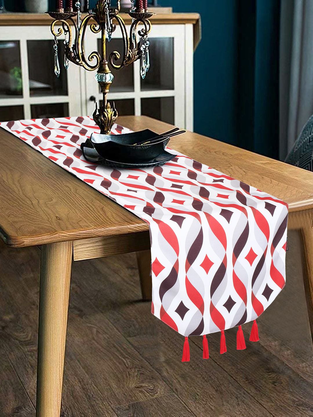 Mezposh Red & White Damask Digital Printed 6 Seater Table Runner Price in India