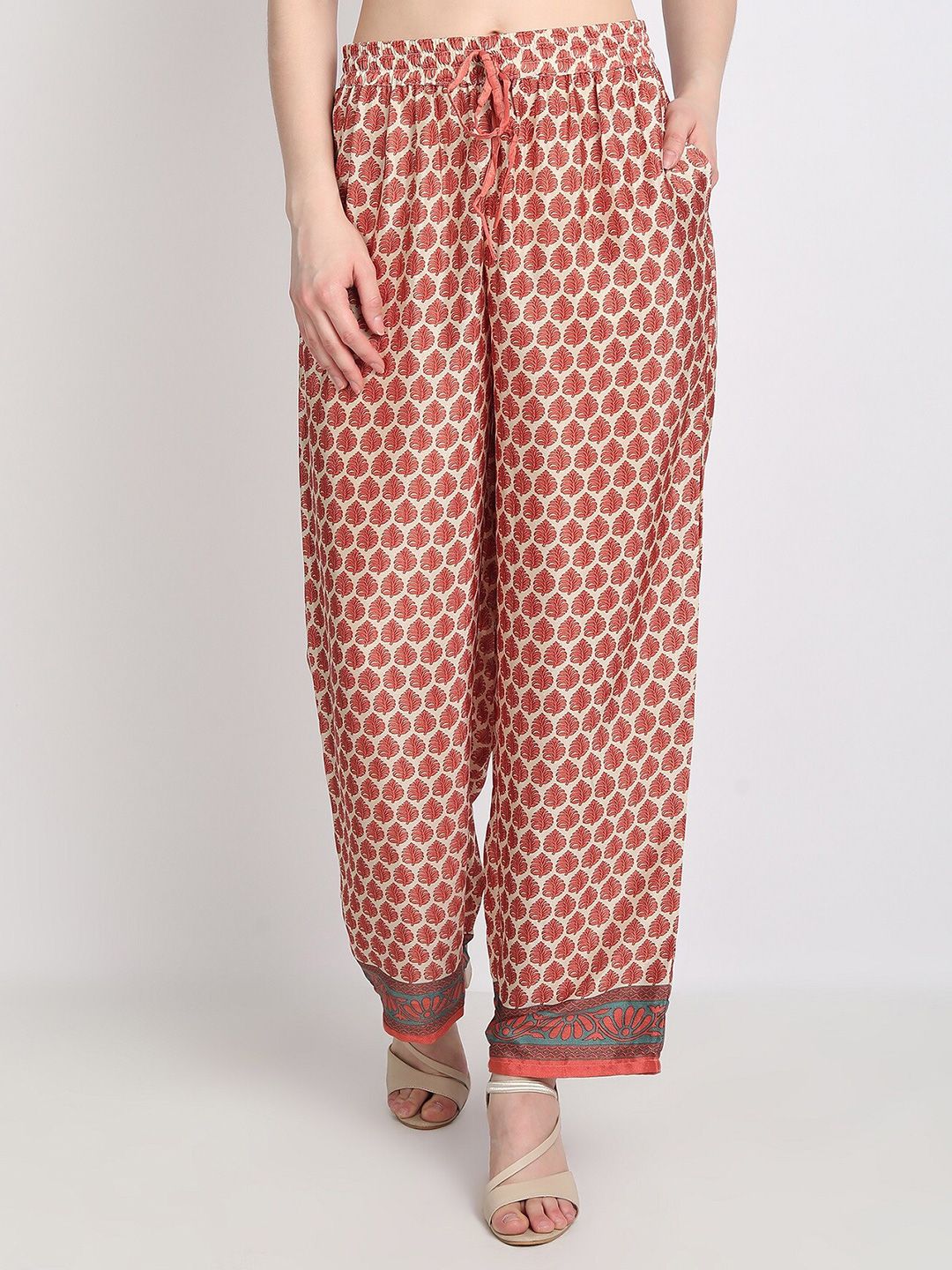 HOUSE OF KARI Women Red & Beige Ethnic Motifs Printed Knitted Ethnic Palazzos Price in India