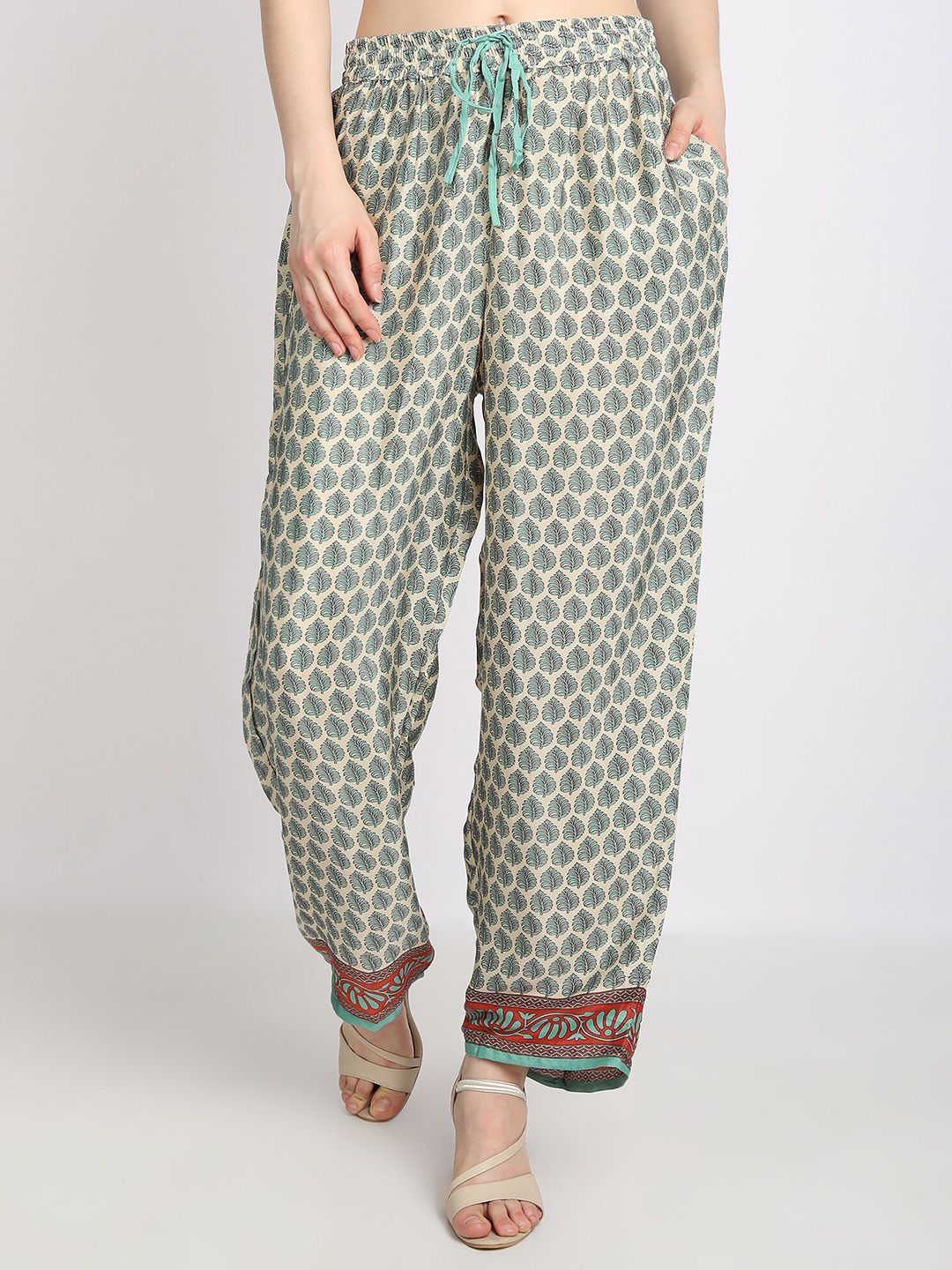 HOUSE OF KARI Women Green & Cream-Coloured Floral Printed Ethnic Palazzos Price in India