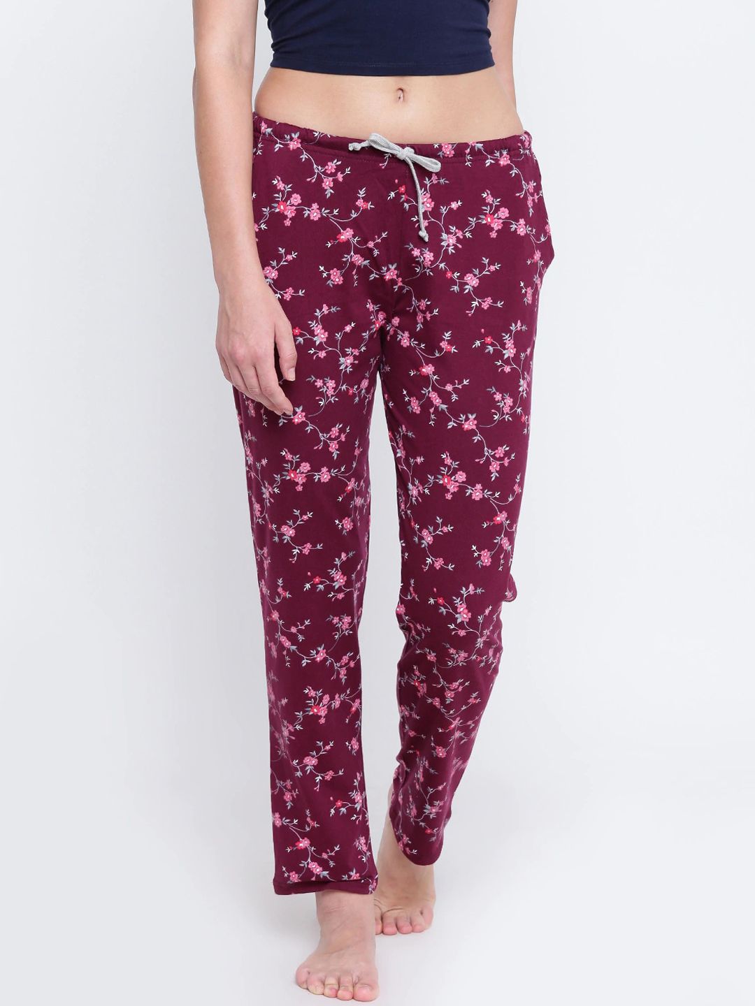 Kanvin Women Maroon & Pink Printed Pure Cotton Lounge Pants Price in India